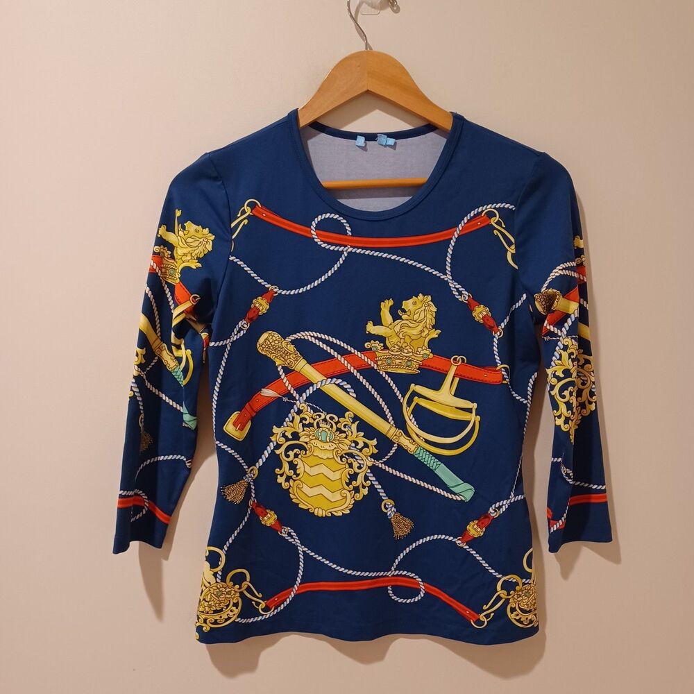 J. McLaughlin Signature Long Sleeve Equestrian Print Catalina Cloth Top Navy S